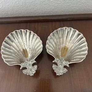 VTG Sea Shell Footed Dish Trinket Tray 5.5 Inch Beach Decor Silver Plated Brass